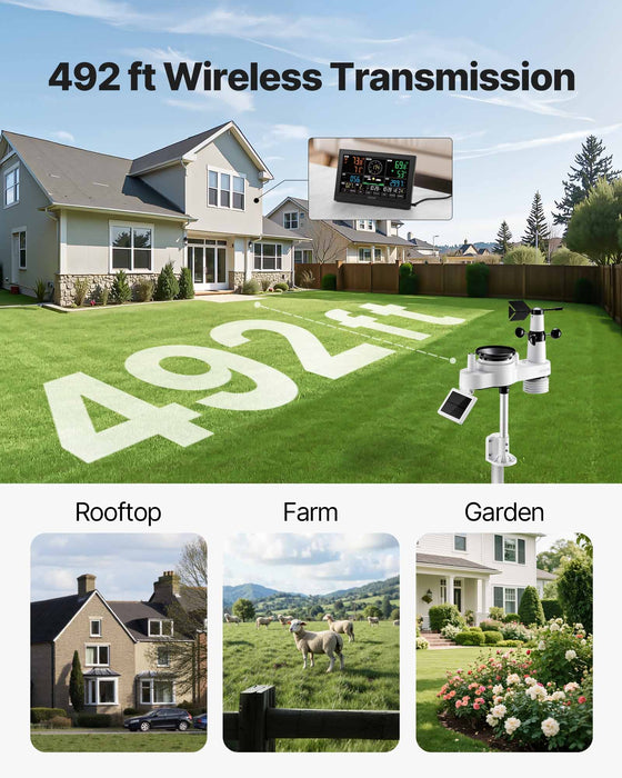 VEVOR 7-in-1 Wireless Weather Station, 190.5 mm VA Display, Solar Powered Outdoor Sensor, Rain Gauge, Indoor Outdoor for Weather Forecast, Temperature, Humidity, Wind Speed and Direction (No WiFi)