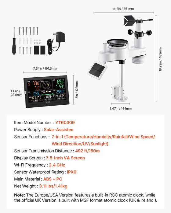 VEVOR 7-in-1 Wireless Weather Station, 190.5 mm VA Display, Solar Powered Outdoor Sensor, Rain Gauge, Indoor Outdoor for Weather Forecast, Temperature, Humidity, Wind Speed and Direction (No WiFi)