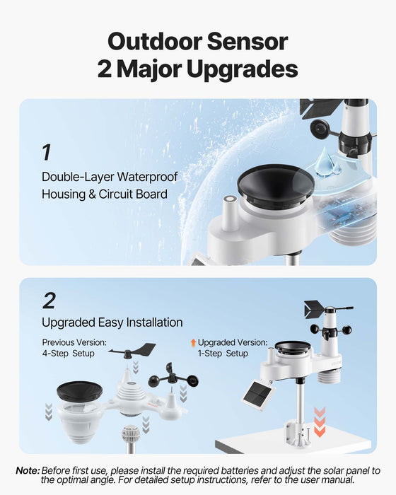 VEVOR 7-in-1 Wireless Weather Station, 190.5 mm VA Display, Solar Powered Outdoor Sensor, Rain Gauge, Indoor Outdoor for Weather Forecast, Temperature, Humidity, Wind Speed and Direction (No WiFi)