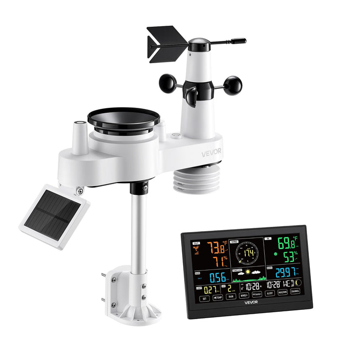 VEVOR 7-in-1 Wireless Weather Station, 190.5 mm VA Display, Solar Powered Outdoor Sensor, Rain Gauge, Indoor Outdoor for Weather Forecast, Temperature, Humidity, Wind Speed and Direction (No WiFi)