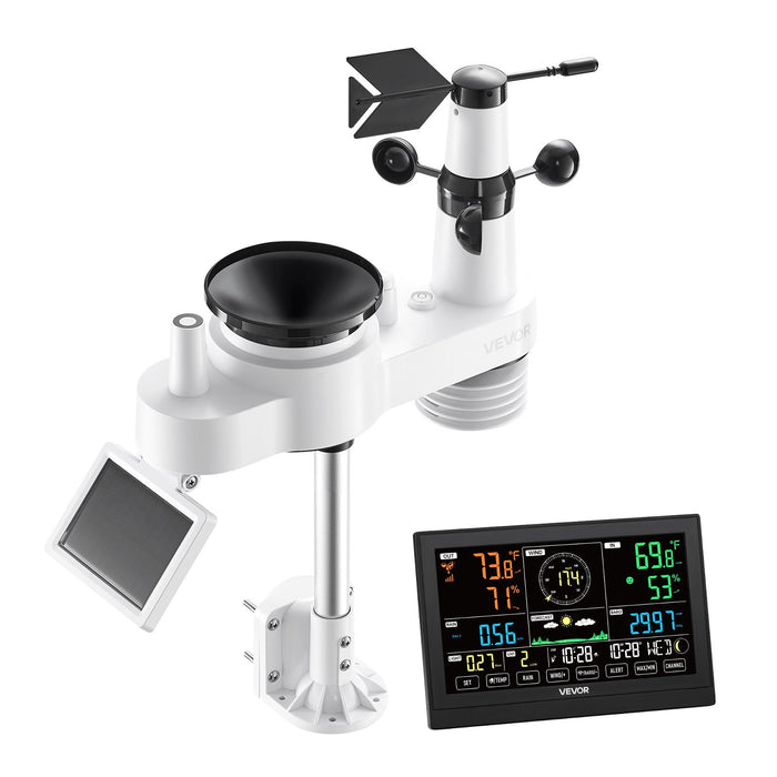 VEVOR 7-in-1 Wireless Weather Station, 190.5 mm VA Display, Solar Powered Outdoor Sensor, Rain Gauge, Indoor Outdoor for Weather Forecast, Temperature, Humidity, Wind Speed and Direction (No WiFi)