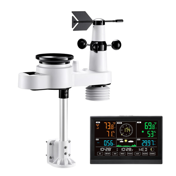 VEVOR 5-in-1 Wireless Weather Station, 190.5 mm VA Display, Solar Powered Outdoor Sensor, Rain Gauge, Indoor Outdoor for Weather Forecast, Temperature, Humidity, Wind Speed and Direction (No WiFi)
