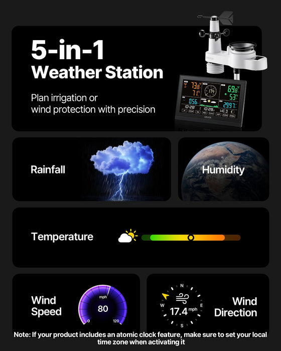 VEVOR 5-in-1 Wireless Weather Station, 190.5 mm VA Display, Solar Powered Outdoor Sensor, Rain Gauge, Indoor Outdoor for Weather Forecast, Temperature, Humidity, Wind Speed and Direction (No WiFi)