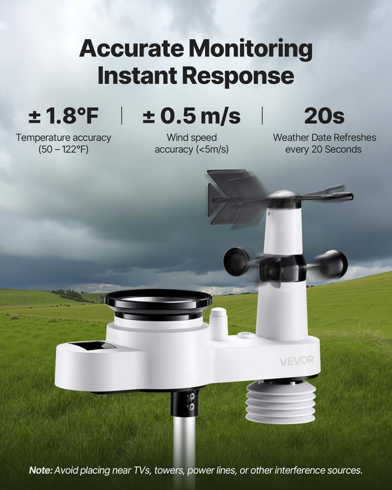 VEVOR 5-in-1 Wireless Weather Station, 190.5 mm VA Display, Solar Powered Outdoor Sensor, Rain Gauge, Indoor Outdoor for Weather Forecast, Temperature, Humidity, Wind Speed and Direction (No WiFi)