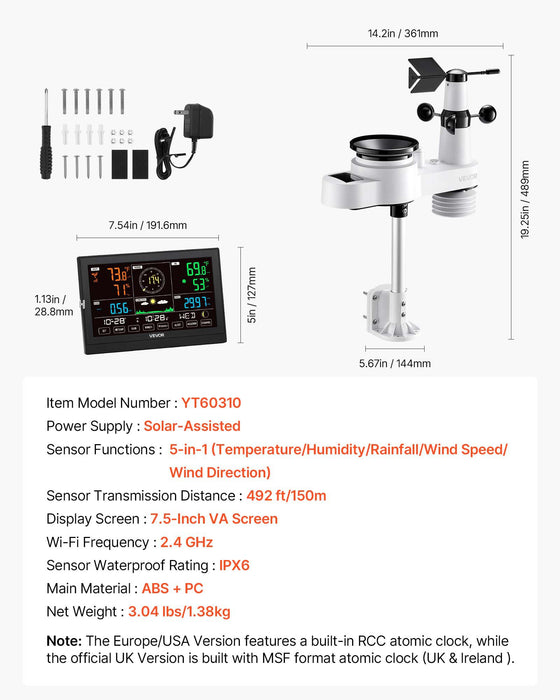 VEVOR 5-in-1 Wireless Weather Station, 190.5 mm VA Display, Solar Powered Outdoor Sensor, Rain Gauge, Indoor Outdoor for Weather Forecast, Temperature, Humidity, Wind Speed and Direction (No WiFi)