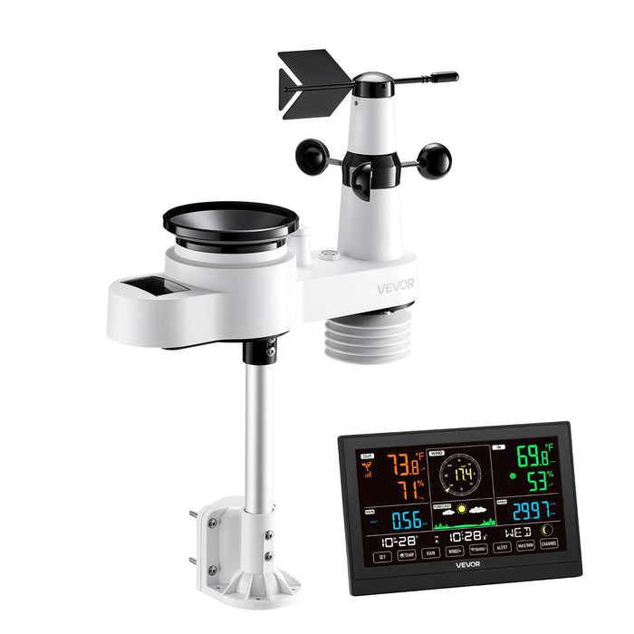 VEVOR 5-in-1 Wireless Weather Station, 190.5 mm VA Display, Solar Powered Outdoor Sensor, Rain Gauge, Indoor Outdoor for Weather Forecast, Temperature, Humidity, Wind Speed and Direction (No WiFi)