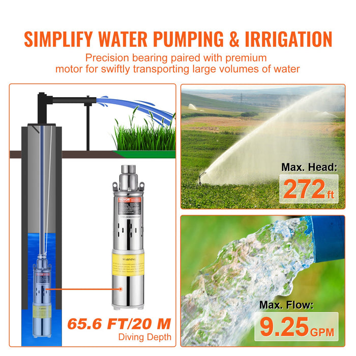 VEVOR Solar Water Pump, DC 277W Submersible Deep Well Pump, Max Flow 2.1 m³/H, Max Head 83 m, Max Submersion Depth 20 m, Solar Powered Water Pump for Well, Farm Ranch Irrigation, Livestock Drinking