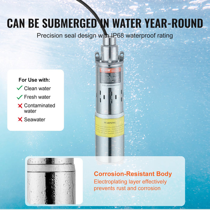 VEVOR Solar Water Pump, DC 277W Submersible Deep Well Pump, Max Flow 2.1 m³/H, Max Head 83 m, Max Submersion Depth 20 m, Solar Powered Water Pump for Well, Farm Ranch Irrigation, Livestock Drinking