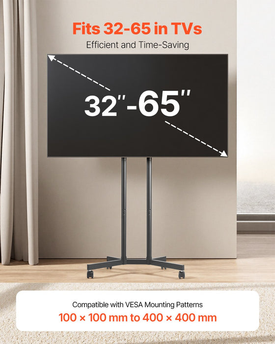 VEVOR Rolling TV Stand, Mobile TV Cart for 32-65 Inch Screens, Height Adjustable, Portable Monitor Stand with Wheels Holds up to 40 kg for Living Room, Bedroom, Office, Outdoor, Max VESA 400x400mm