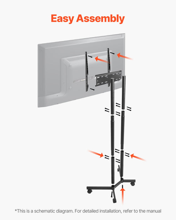 VEVOR Rolling TV Stand, Mobile TV Cart for 32-65 Inch Screens, Height Adjustable, Portable Monitor Stand with Wheels Holds up to 40 kg for Living Room, Bedroom, Office, Outdoor, Max VESA 400x400mm