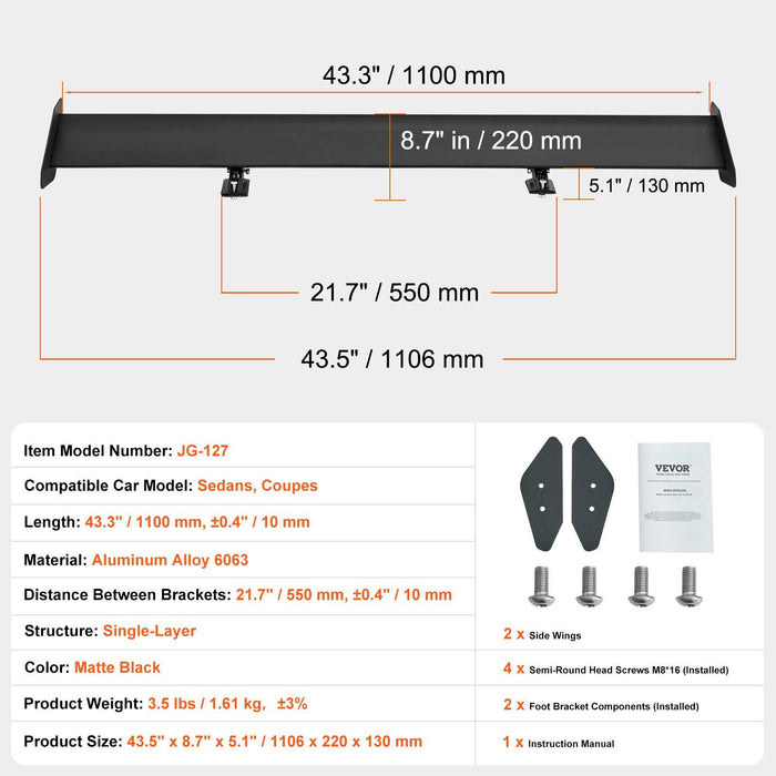 GT Wing Car Spoiler, 43.3 inch Universal Spoiler with Single Deck, Adjustable Lightweight Aluminum, Car Rear Spoiler Wing, Racing Spoiler BGW/JDM Drift Black