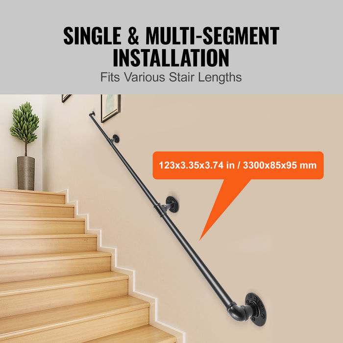 VEVOR Pipe Stair Handrail, 11FT Staircase Handrail, 440LBS Load Capacity Carbon Steel Pipe Handrail, Industrial Pipe Handrail with Wall Mount Support, Round Corner Wall Handrailing for Indoor, Outdoor