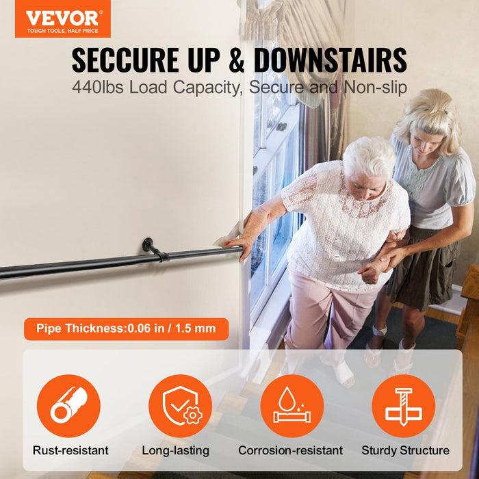 VEVOR Pipe Stair Handrail, 1.8m Staircase Handrail, 200KG Load Capacity Carbon Steel Pipe Handrail, Industrial Pipe Handrail with Wall Mount Support, Round Corner Wall Handrailings for Indoor, Outdoor