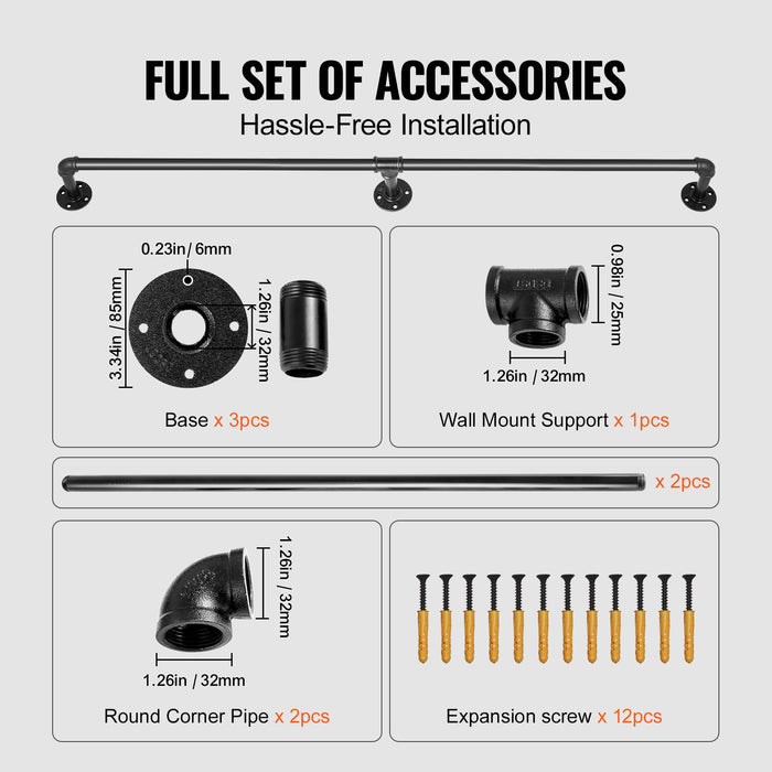 VEVOR Pipe Stair Handrail, 1.8m Staircase Handrail, 200KG Load Capacity Carbon Steel Pipe Handrail, Industrial Pipe Handrail with Wall Mount Support, Round Corner Wall Handrailings for Indoor, Outdoor