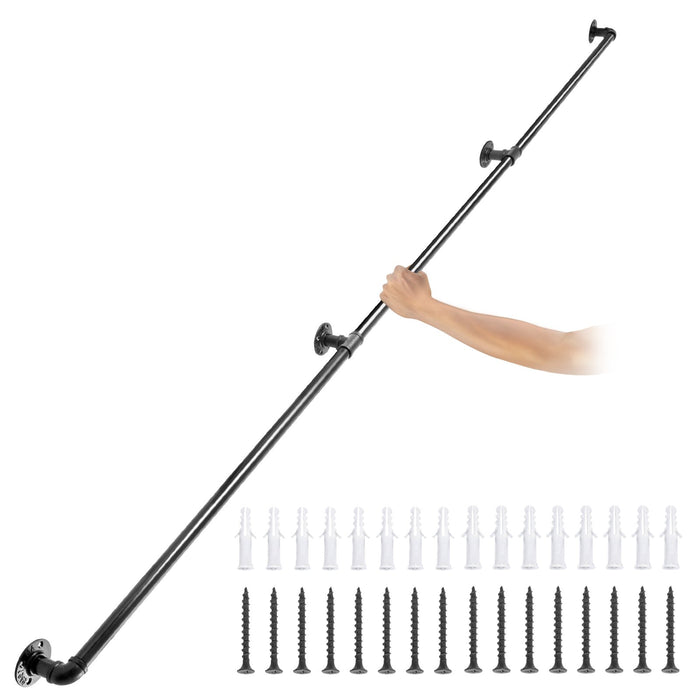 VEVOR Pipe Stair Handrail, 9FT Staircase Handrail, 440LBS Load Capacity Carbon Steel Pipe Handrail, Industrial Pipe Handrail with Wall Mount Support, Round Corner Wall Handrailings for Indoor, Outdoor