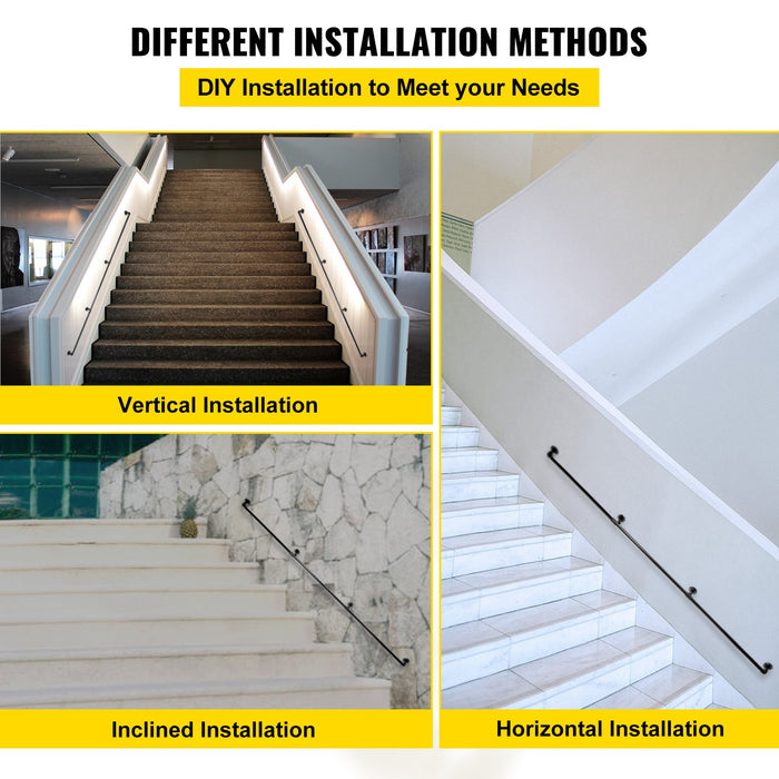 VEVOR Pipe Stair Handrail, 9FT Staircase Handrail, 440LBS Load Capacity Carbon Steel Pipe Handrail, Industrial Pipe Handrail with Wall Mount Support, Round Corner Wall Handrailings for Indoor, Outdoor