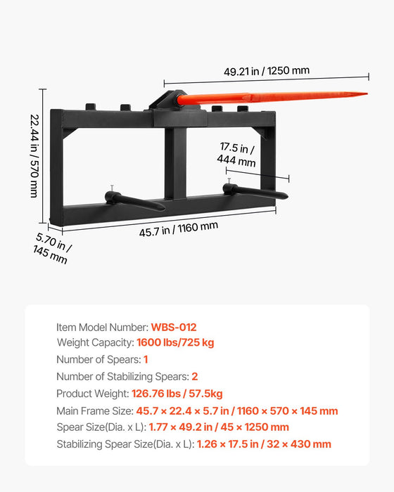 VEVOR 49" Hay Spear, Bale Spears 726kg Loading Capacity, Skid Steer Loader Tractor Attachment with 2pcs 17.5" Stabilizer Spears, Quick Attach Spike Forks