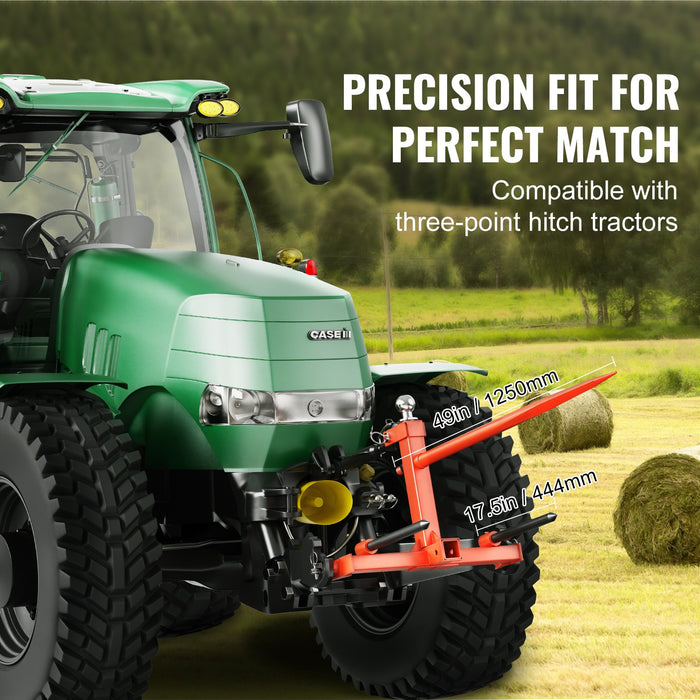 VEVOR 49" Hay Spear, Bale Spears 726kg Loading Capacity, Three-Point Hitch Tractor Attachment with 2pcs 17.5" Stabilizer Spears, Quick Attach Spike Forks