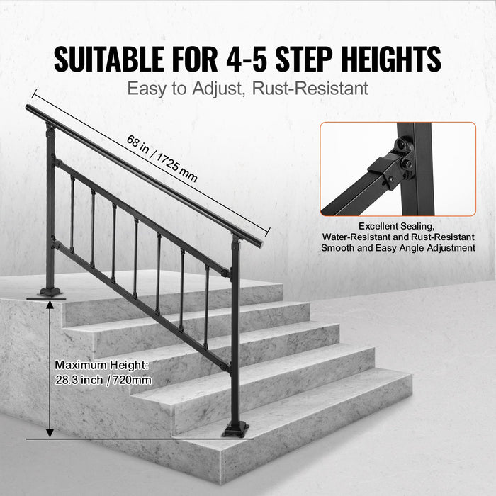 VEVOR Iron Handrail Stair Railing Hand Rail Kit 1-4 Steps Outdoor Black w/ Bars