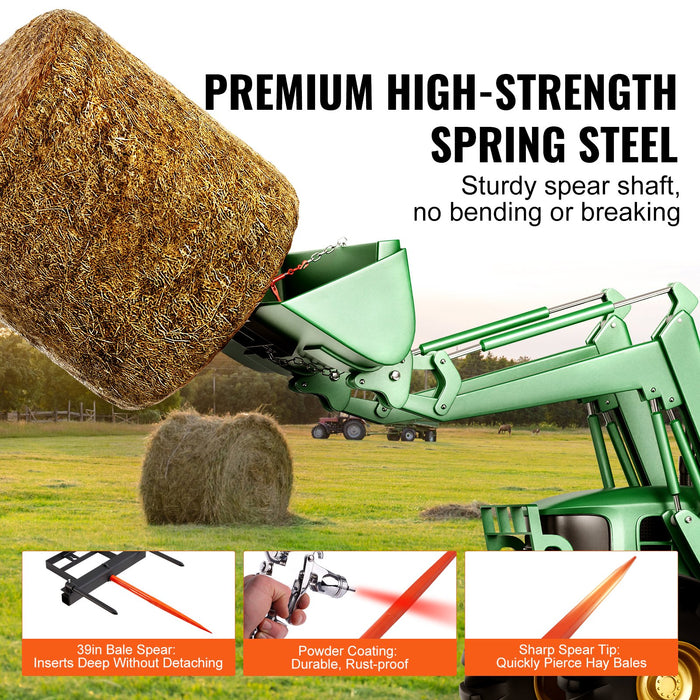 VEVOR 39" Hay Spear, Bale Spears 726kg Loading Capacity, Skid Steer Loader Tractor Bucket Attachment with 2pcs 17.5" Stabilizer Spears and 60" Chain, Quick Attach Spike Forks