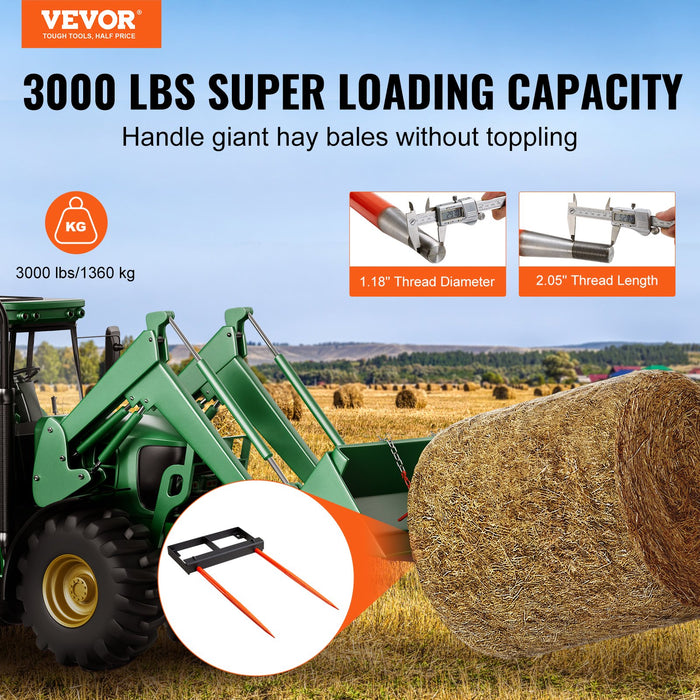 VEVOR 49" Hay Spear, Bale Spears 1360kg Loading Capacity, Skid Steer Loader Tractor Bucket Attachment with 2pcs 17.5" Stabilizer Spears and 60" Chain, Quick Attach Spike Forks