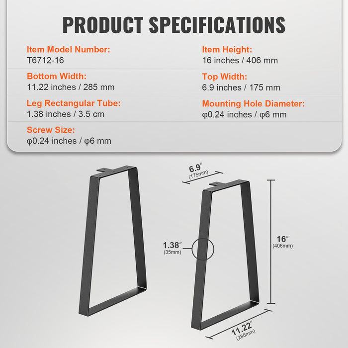VEVOR 406.4MM Trapezoid Steel Table Legs, Replacement Furniture Legs Set of 2 for DIY Coffee Tables, Modern Desks, Bench, Night Stands, Sofa, Max Load 181.4KG Heavy Duty, Quick Instalation Legs Black
