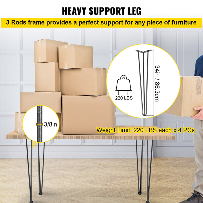 VEVOR Hairpin Table Legs 34 inch Black Set of 4 Desk Legs Each 220lbs Capacity Hairpin Desk Legs 3 Rods for Bench Desk Dining End Table Chairs Carbon Steel DIY Table Legs Heavy Duty Furniture Legs