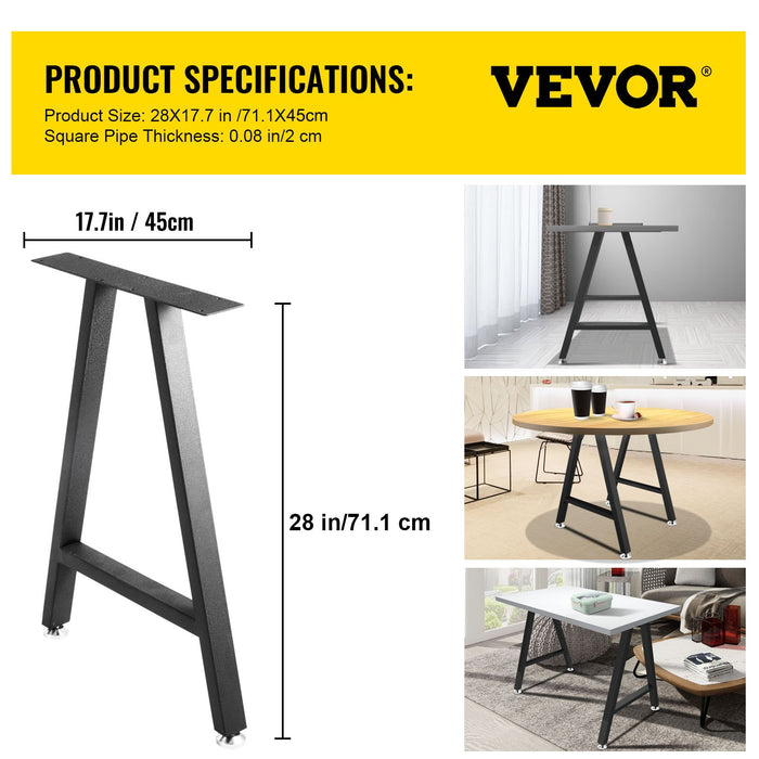 VEVOR Metal Table Legs 28 x 17.7 inch A-Shaped Desk Legs Set of 2 Heavy Duty Bench Legs with Polyurethane Coating, Furniture Legs with Floor Protectors, Wrought Iron Coffee Table Legs for Home DIY Bla
