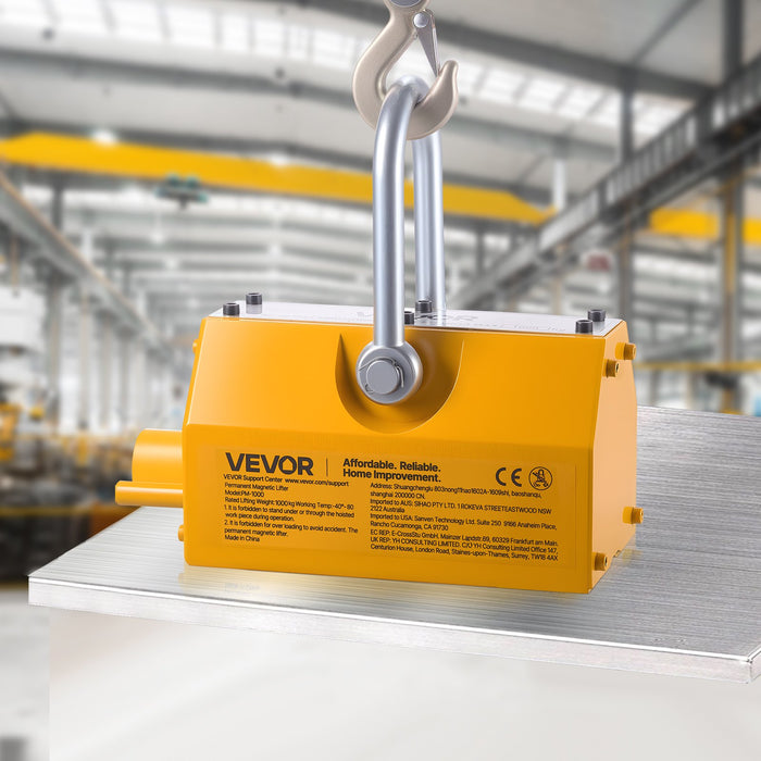 VEVOR Permanent Magnetic Lifter, 1000 kg Pulling Capacity, Heavy Duty N42 Neodymium Lifting Magnet with Release Handle and Steel Hook, Used in Shop Crane and Hoist, for Lifting Plate Steel, Board