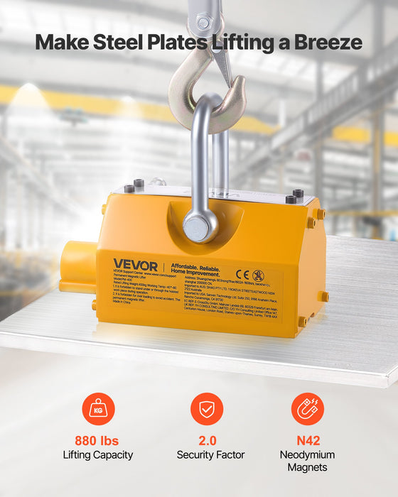 VEVOR Permanent Magnetic Lifter, 400 kg Pulling Capacity, Heavy Duty N42 Neodymium Lifting Magnet with Release Handle and Steel Hook, Used in Shop Crane and Hoist, for Lifting Plate Steel, Board