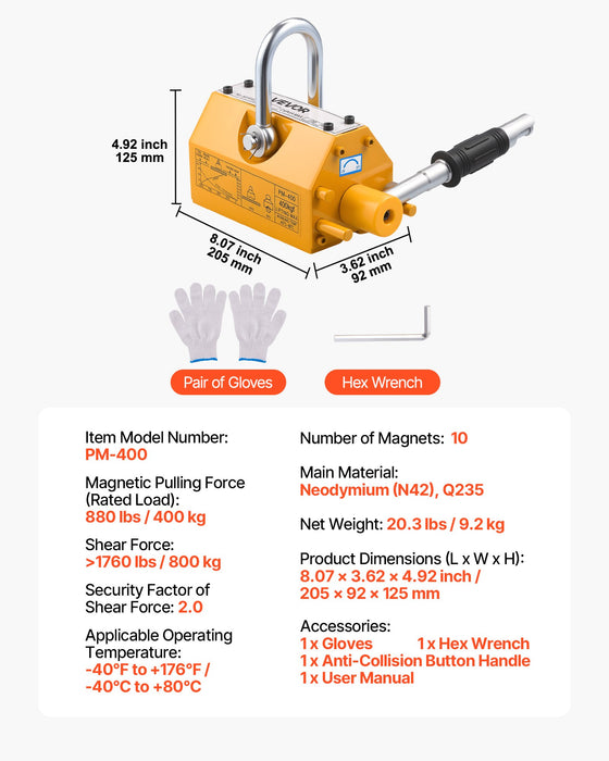 VEVOR Permanent Magnetic Lifter, 400 kg Pulling Capacity, Heavy Duty N42 Neodymium Lifting Magnet with Release Handle and Steel Hook, Used in Shop Crane and Hoist, for Lifting Plate Steel, Board