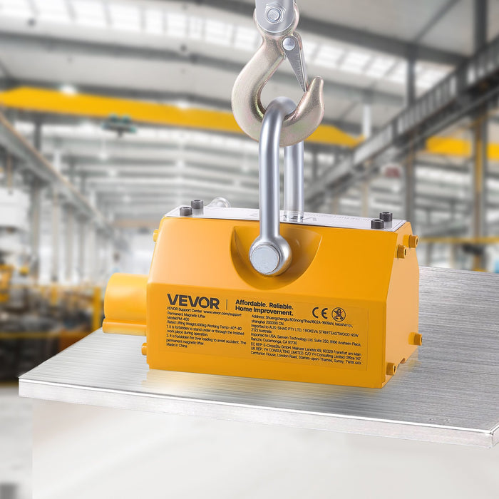 VEVOR Permanent Magnetic Lifter, 400 kg Pulling Capacity, Heavy Duty N42 Neodymium Lifting Magnet with Release Handle and Steel Hook, Used in Shop Crane and Hoist, for Lifting Plate Steel, Board