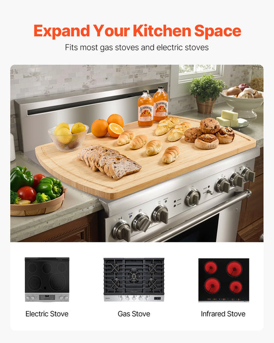 VEVOR Noodle Board Stove Cover, Stove Top Cover Board for Gas Burner & Electric Stove, Bamboo Wood Cutting Board with Juice Grooves, RV Stovetop/ Kitchen Sink Cover for Counter Space & Tray, Natural