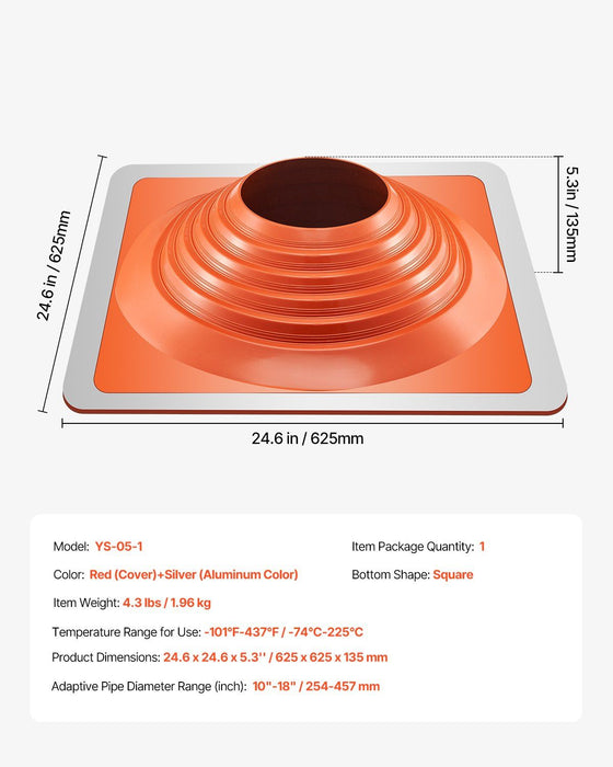 Roof Pipe Flashing Boot, Fit Pipe OD 254 to 457 mm, Flexible Silicone Roofing Jack Pipe Flashing, High Temp -74℃ to 225℃, Lasting Square Metal Base, for Chimney, Wood Stove & Outdoor Vent Pipes