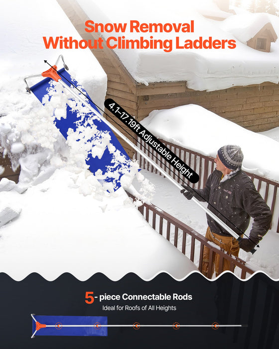 VEVOR Snow Roof Rake, 27cm Aluminum Blade, 1.25-5.24 m Adjustable Roof Snow Scraper with Wheels & Slide, Lightweight Snows Removal Tool for House Rooftop Leaves Debris Clearing