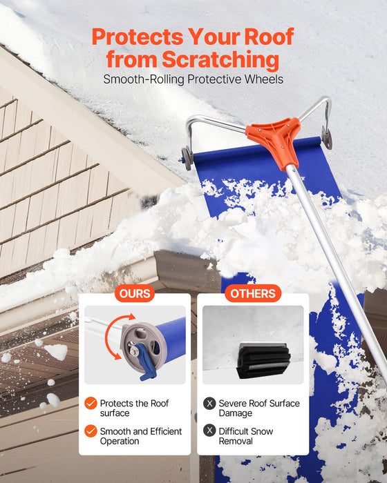 VEVOR Snow Roof Rake, 27cm Aluminum Blade, 1.25-5.24 m Adjustable Roof Snow Scraper with Wheels & Slide, Lightweight Snows Removal Tool for House Rooftop Leaves Debris Clearing