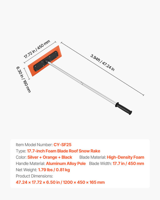 VEVOR Snow Roof Rake, 1.2m Long Reach Car Roof Snow Scraper, 45cm Foam Blade for No Scratches, Non-Slip Handle, Lightweight Snows Removal Tool for Vehicle Garage Rooftop Leaves Debris Clearing