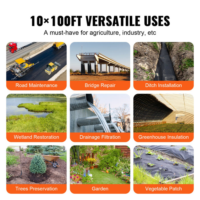 VEVOR Non-Woven Geotextile Fabric 10x100FT 8OZ Ground Cover Weed Control Fabric, 3.0 x 30.5 m