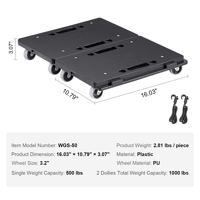 VEVOR Furniture Dolly, 500 lbs Capacity Each Count, Furniture Mover with Wheels, Portable Moving Rollers 4 Wheels Heavy Duty, Small Flat Dolly Cart with Interlocking for Heavy Furniture, 2 Pack, Black
