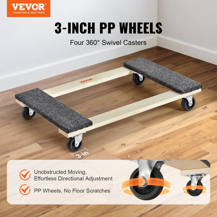 Furniture Dolly, 454kg Load Capacity, 457.2x762mm, 4x76mm PP Swivel Casters, Heavy Duty Hardwood Furniture Moving Dolly, Mover's Dolly, Moving Cart with Wheels for Heavy Furniture Home Cleaning