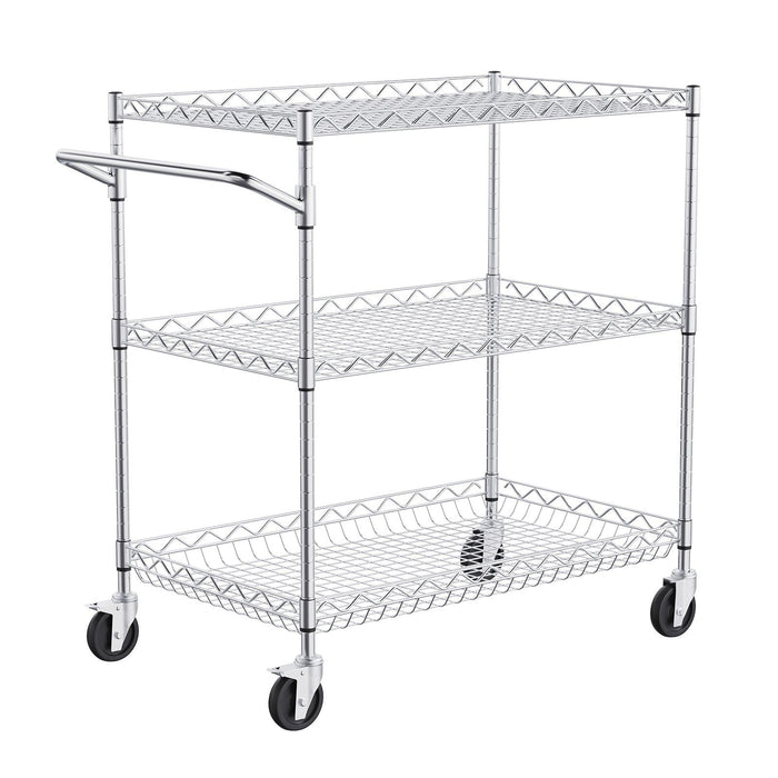 Kitchen Utility Cart, 3 Tiers, Wire Rolling Cart with 300kg Capacity, Steel Service Cart on Wheels, Metal Storage Trolley with 80mm Deep Basket Curved Handle 6 Hooks, for Indoor and Outdoor Use