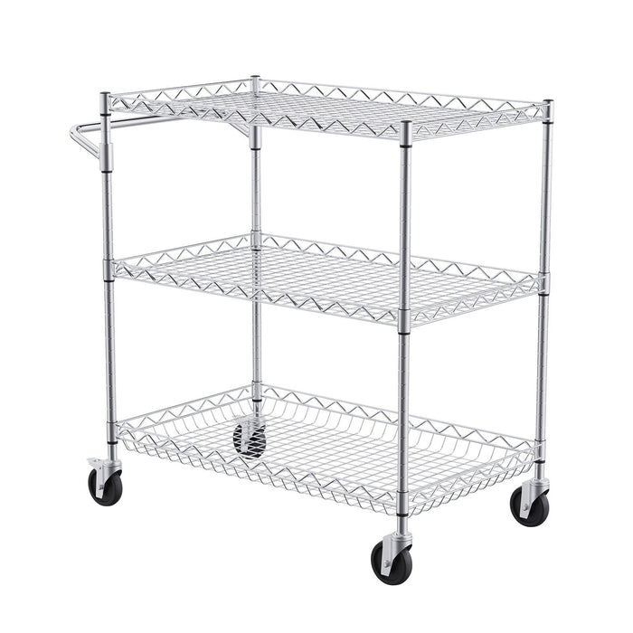 Kitchen Utility Cart, 3 Tiers, Wire Rolling Cart with 300kg Capacity, Steel Service Cart on Wheels, Metal Storage Trolley with 80mm Deep Basket Curved Handle 6 Hooks, for Indoor and Outdoor Use
