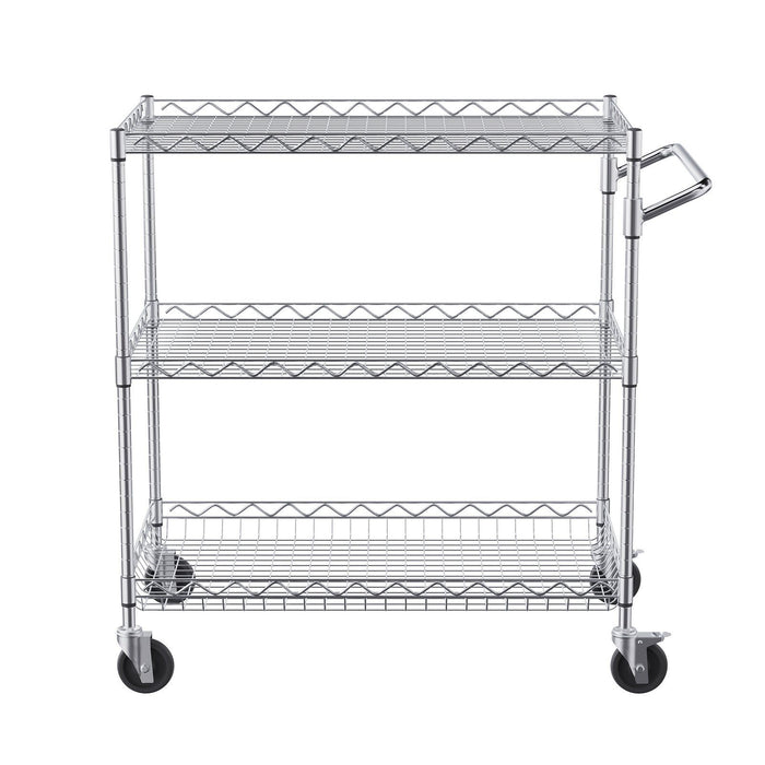 Kitchen Utility Cart, 3 Tiers, Wire Rolling Cart with 300kg Capacity, Steel Service Cart on Wheels, Metal Storage Trolley with 80mm Deep Basket Curved Handle 6 Hooks, for Indoor and Outdoor Use