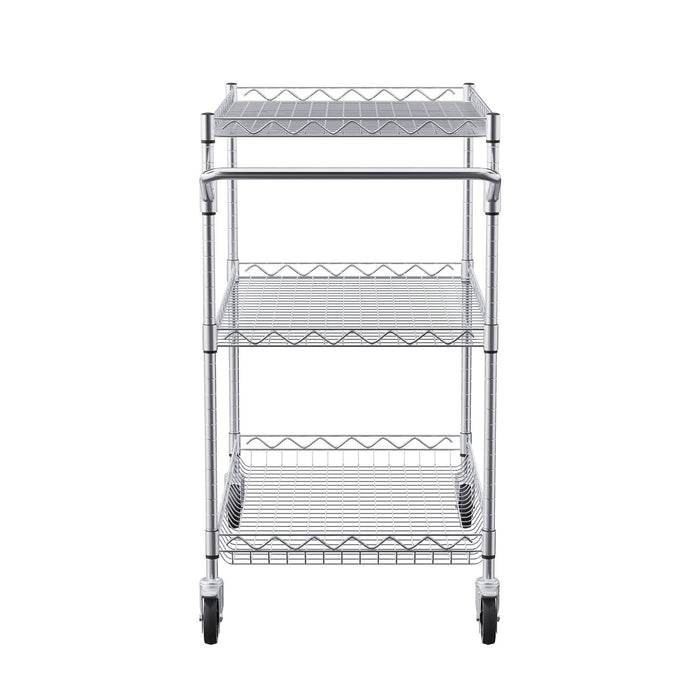 Kitchen Utility Cart, 3 Tiers, Wire Rolling Cart with 300kg Capacity, Steel Service Cart on Wheels, Metal Storage Trolley with 80mm Deep Basket Curved Handle 6 Hooks, for Indoor and Outdoor Use