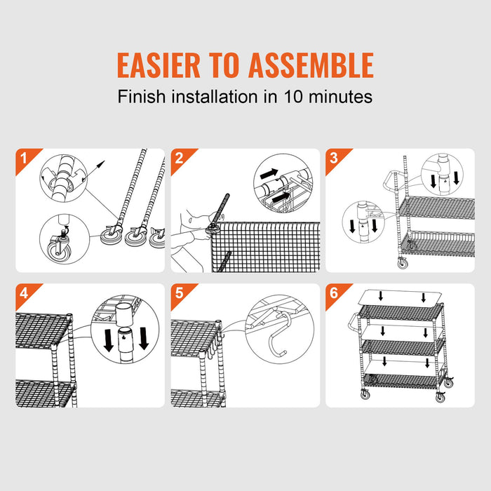 VEVOR Kitchen Utility Cart, 3 Tiers, Wire Rolling Cart, Steel Service Cart on Wheels, Metal Storage Trolley with 80mm Basket Curved Handle PP Liner 6 Hooks, for Indoor and Outdoor