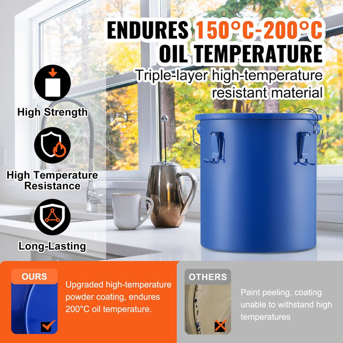 Fryer Grease Bucket, 22.7L Oil Disposal Caddy Carbon Steel Fryer Oil Bucket with Rust-Proof Coating, Oil Transport Container with Lid, Lock Clips, Filter Bag for Hot Cooking Oil Filtering, Blue