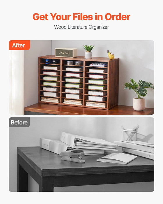Literature Organizer, 24 Compartments Office Mailbox with Removable Shelves, Wooden Mailbox Sorter Particle Board Office Home Classroom Storage, File Sorter for Documents, Papers, Dark Brown