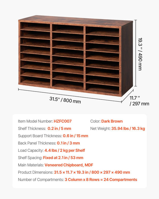 Literature Organizer, 24 Compartments Office Mailbox with Removable Shelves, Wooden Mailbox Sorter Particle Board Office Home Classroom Storage, File Sorter for Documents, Papers, Dark Brown