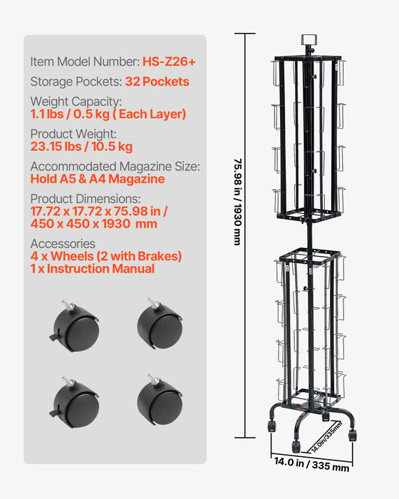 Greeting Cards Display Rack, 32 Pockets Rotating Postcard Brochure Display Stand, 360° Spinning Card Display Rack with Sign Holder & 4 Wheels (2 Lockable) for Exhibitions Office Trade Show