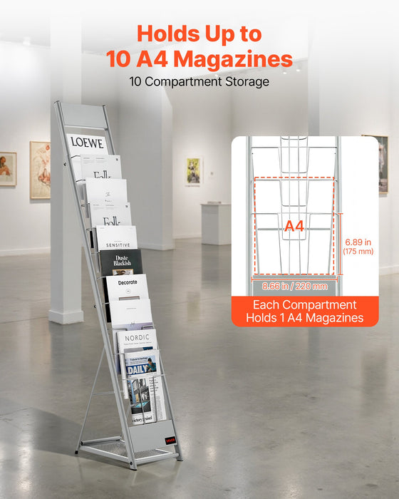 VEVOR Brochure Display Rack, 10 Pockets Magazine Literature Display Stand, Portable Floor Standing Magazine Rack, Metal Newspaper Catalog Holders for Shop, Exhibitions, Office, Trade Show, Silver